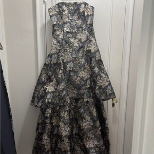 Tiered silver and blue Aidan Mattox strapless evening ball gown 8